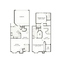 A floor plan of a house with a garage, dining area, living room, and two bedrooms.