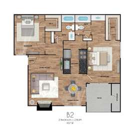 A floor plan of a 2 bedroom apartment with 2 bathrooms.