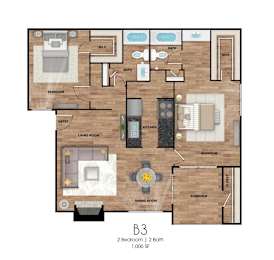 A floor plan of a 2 bedroom, 2 bath apartment in the B3 building.