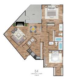 A floor plan of apartment B4 with two bedrooms and two bathrooms.