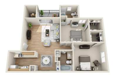 A 3D floor plan of a house with a kitchen, living room, and bedrooms.