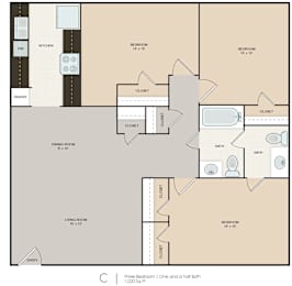 A floor plan of a three bedroom apartment with one and a half bathrooms.