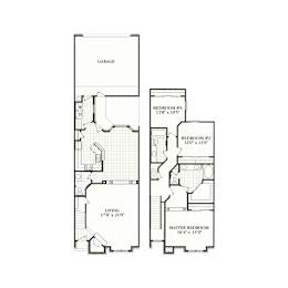 A floor plan of a house with a garage, three bedrooms, and a living room.