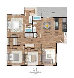 A floor plan of a home with three bedrooms, two bathrooms, a living room, a dining room, a kitchen, a pantry, and a patio.