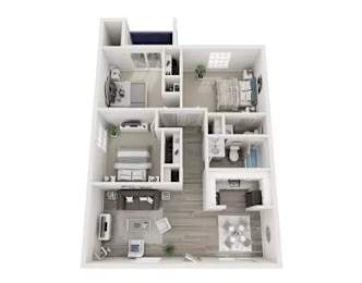 A white floor plan of a house with a kitchen, living room, and two bedrooms.