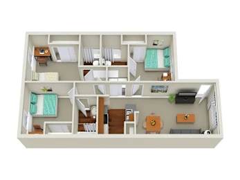 A 3D floor plan of a small apartment with two bedrooms and a living area.