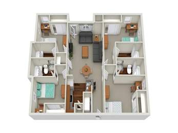 A 3D floor plan of a house with multiple rooms and furniture.
