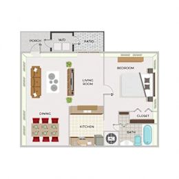 A floor plan of a house with a living room, dining room, kitchen, and bathroom.
