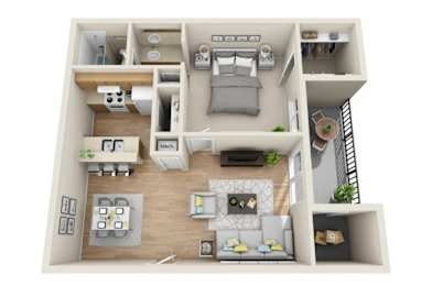 A 3D floor plan of a small apartment with a kitchen, living room, and bedroom.