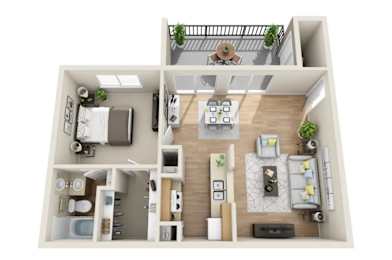 A top-down view of a two-bedroom apartment with a living room, kitchen, and bathroom.