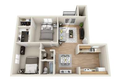 A 3D floor plan of a small apartment with a kitchen, living room, and bedroom.