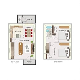 A floor plan of a two-story house with a porch, dining area, kitchen, living room, two bedrooms, and two bathrooms.