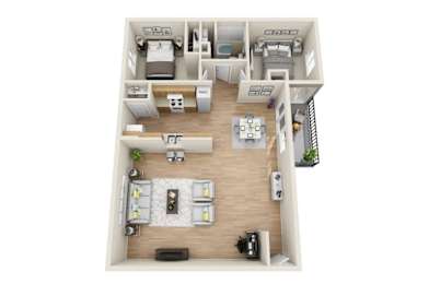 A top-down view of a house layout with multiple rooms and furniture.