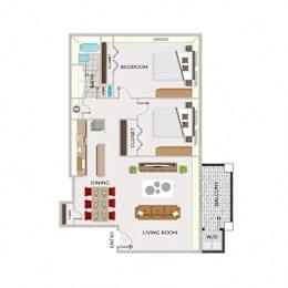 A floor plan of a small apartment with a living room, dining area, kitchen, and two bedrooms.