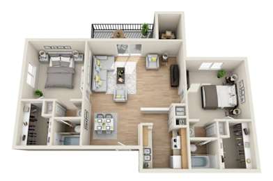 A 3D floor plan of a small apartment with a kitchen, living room, and bedroom.