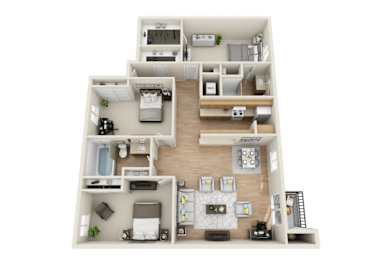A 3D floor plan of a house with a kitchen, living room, and bedrooms.