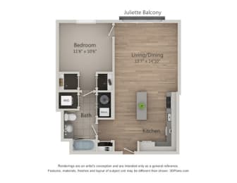 A1 one bedroom apartment floor plan at Kelmscott Park