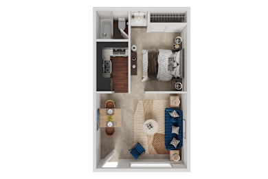 3d floorplan of a 1 bedroom, 1 bathroom unit