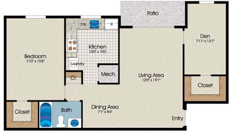A floor plan of a house with a bedroom, kitchen, living area, and bathroom.