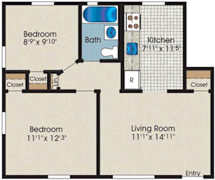 A floor plan of a home with three bedrooms, a living room, a kitchen, and a bathroom.