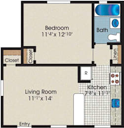 A floor plan shows a bedroom that is 11'4" x 12'10" and a living room that is 11'1" x 14'.