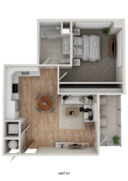 Floor Plan  A top-down view of a small apartment with a living room, kitchen, and bedroom.
