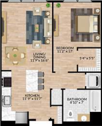 A floor plan of a small apartment with a living room, dining room, kitchen, and two bathrooms.