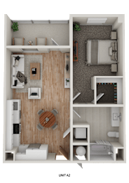 Floor Plan  A top-down view of a small apartment with a living room, kitchen, and bedroom.