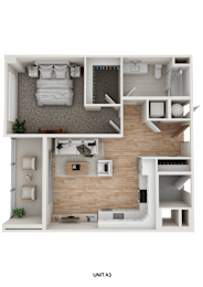 Floor Plan  A 3D floor plan of a small apartment with a living room, kitchen, and bedroom.