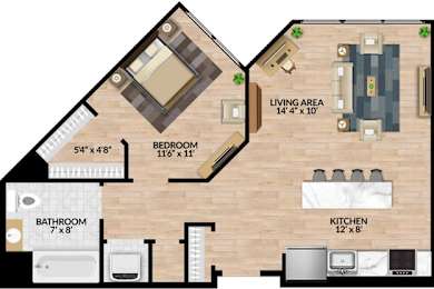 A floor plan of a house with a living area, kitchen, bathroom, and bedrooms.