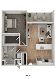 Floor Plan  A 3D floor plan of a small apartment with a bedroom, living room, and kitchen.
