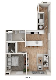 Floor Plan  A top-down view of a small apartment with a bedroom, living room, and bathroom.