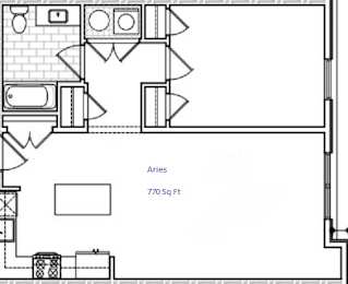 A floor plan of an apartment named Aries with a total area of 770 square feet.