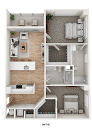 Floor Plan  A 3D floor plan of a small apartment with a kitchen, living room, and bedroom.