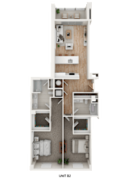 Floor Plan  A floor plan of a two-story apartment with a living room, kitchen, and bedrooms.