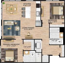 A floor plan of a house showing a kitchen, living room, dining room, three bedrooms, and a bathroom.