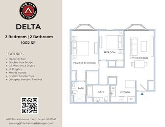 A floor plan for a 2 bedroom, 2 bathroom apartment with features listed on the left.