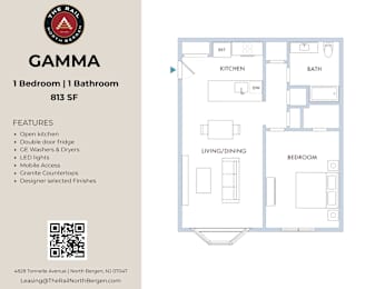A floor plan of a one bedroom apartment with a kitchen and bathroom.