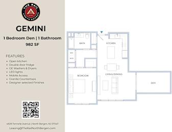 A floor plan for a one bedroom den with a bathroom and 982 square feet of living space.