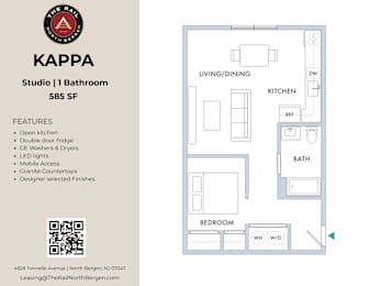 A floor plan of a studio apartment with a kitchen, living room, and bathroom.