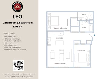 A floor plan for a 2 bedroom, 2 bathroom apartment at The Rialto North Bergen.