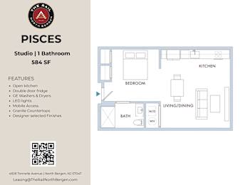 A floor plan for a 584 square foot studio with one bathroom is shown.