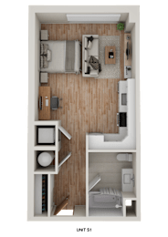 Floor Plan  A top down view of a small apartment with a bed, desk, and kitchen area.