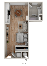 Floor Plan  A small apartment with a bed, a couch, and a table.