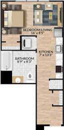 A floor plan of a small apartment with a bedroom, living room, kitchen, and bathroom.