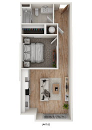 Floor Plan  A top-down view of a small, neatly organized apartment with a bedroom, bathroom, and kitchenette.