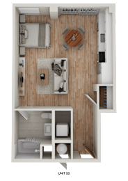 Floor Plan  A top-down view of a small apartment with a living room, kitchen, and bathroom.