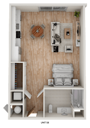 Floor Plan  A small room with a bed, a desk, and a chair.