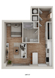 Floor Plan  A 3D rendered image of a small apartment layout.