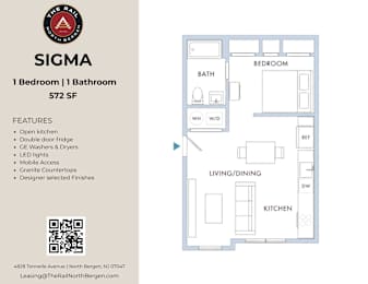 A floor plan of a one bedroom apartment with a kitchen and living room.